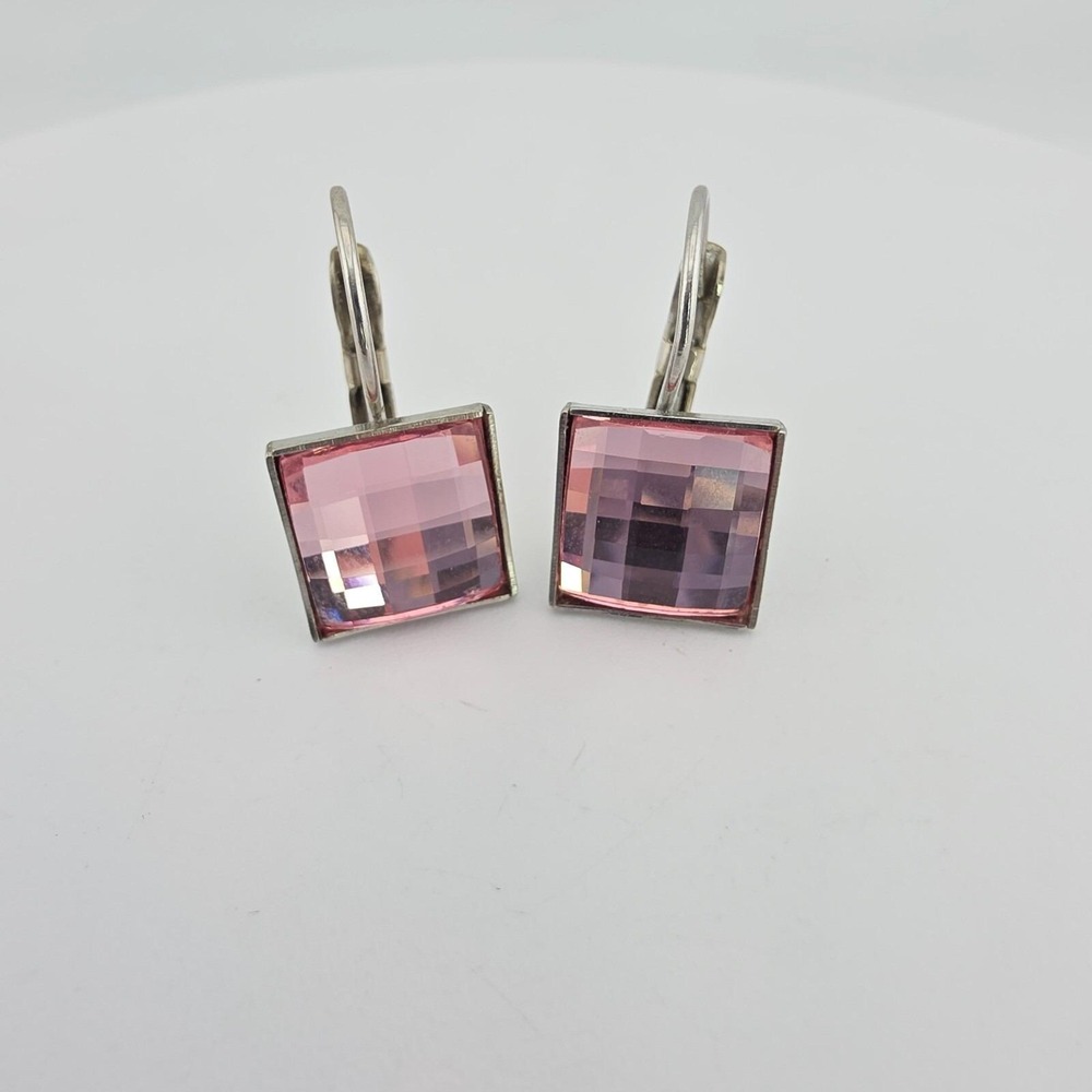 Vtg Pink Crystal Earrings Dangle Drop Art Deco Checkerboard Faceted Silver Tone